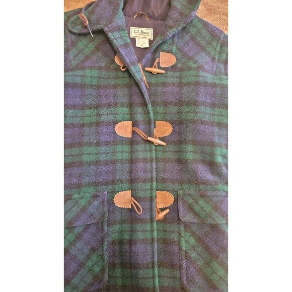 Vintage 80s LL Bean Duffle Over Coat WOOL Women's size Large Blue Green Plaid - Picture 4 of 7